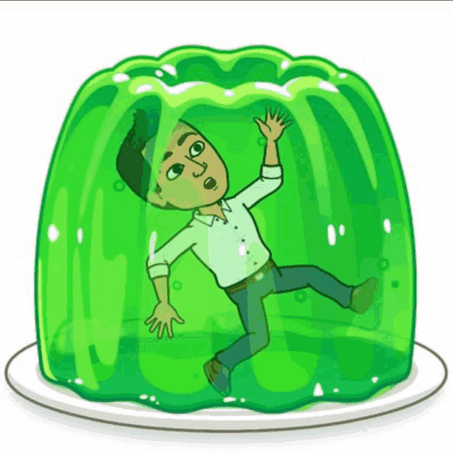 a cartoon of a man in a green jelly container