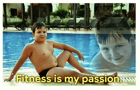 a boy is sitting on the edge of a swimming pool with the words fitness is my passion above him