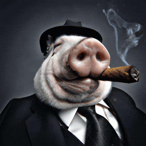 a pig is wearing a hat and tie and smoking a cigar .