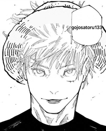 a black and white drawing of a man with the name gojosatoru133 on the bottom right