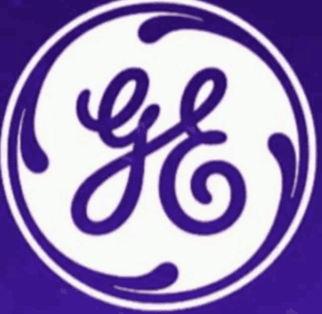 a purple and white ge logo with a swirl around it