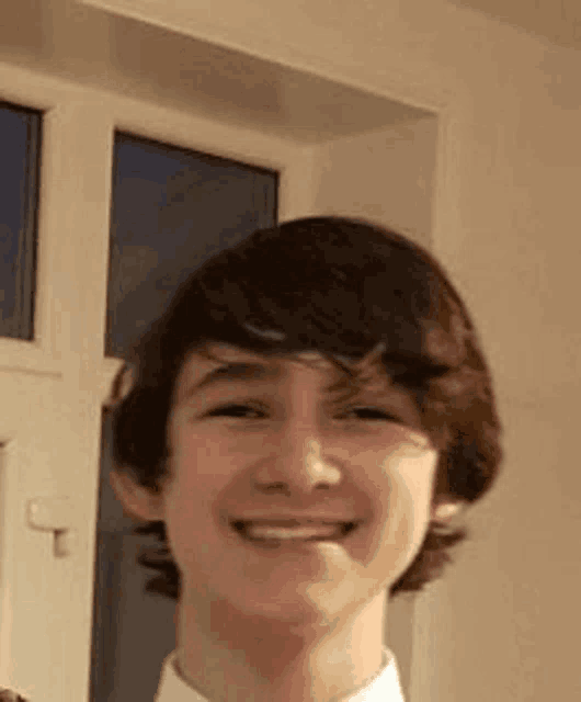 a young man is smiling for the camera while wearing a white shirt and tie .