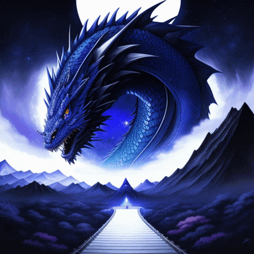 a painting of a blue dragon looking down a path