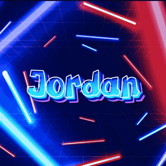 the name jordan is displayed in neon lights on a dark blue background