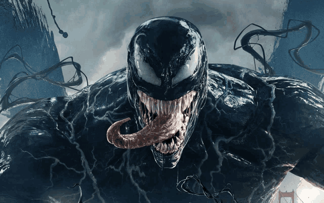 a close up of venom 's face with a long tongue sticking out