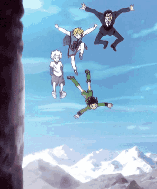 a group of anime characters jumping in the air