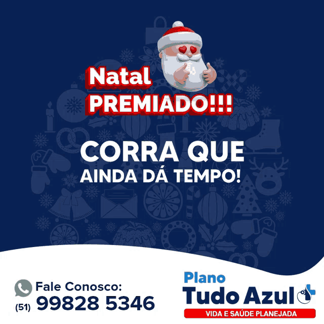 an advertisement for plano tudo azul with a santa claus on it