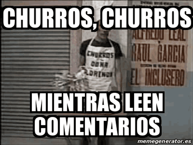 a man wearing an apron is standing in front of a sign that says churros