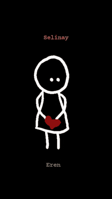 a drawing of a stick figure holding a red heart with the name selinay eren below it