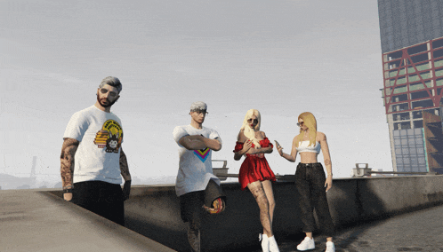 a group of people are standing on a ledge with one wearing a t-shirt that says " i love you " on it