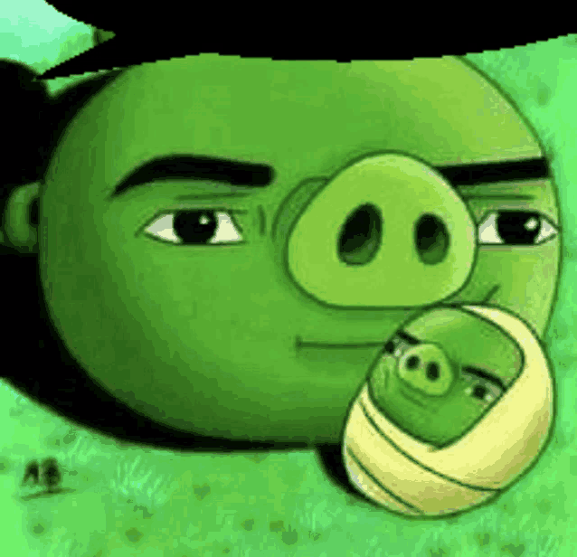 a green angry birds character is holding a baby pig in its mouth .