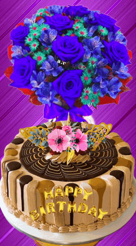 a birthday cake with a bouquet of blue roses behind it