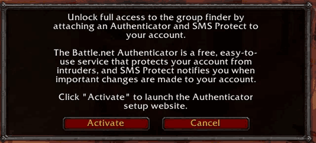 a screen that says unlock full access to the group finder by attaching an authenticator and sms protect to your account