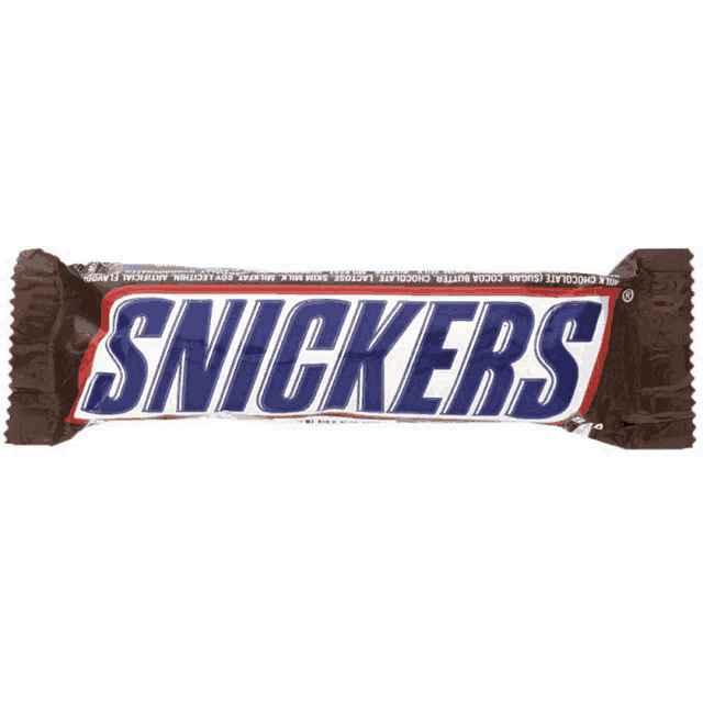 a snickers bar is sitting on a white background