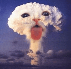 a cat is sticking its tongue out in front of a cloud shaped like a mushroom cloud .