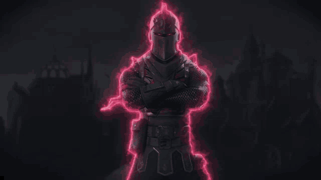 a knight with his arms crossed is surrounded by pink lightning .