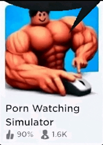 a very muscular man is holding a mouse and pointing at it in a porn watching simulator advertisement .