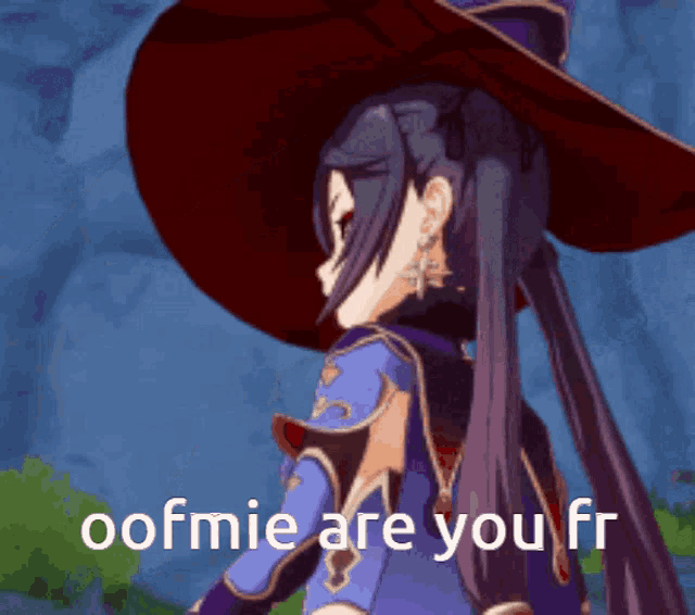 a girl with long hair wearing a witch hat says " oofmie are you fr "