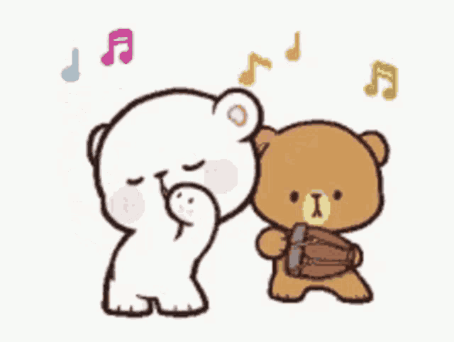 a couple of teddy bears standing next to each other with music notes in the background .