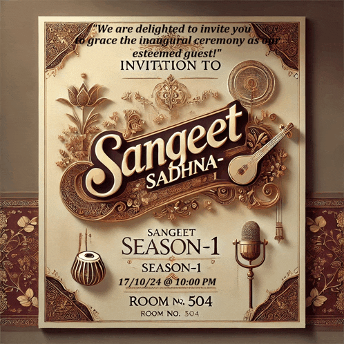 an invitation to sangeet season 1 is displayed on a brown wall