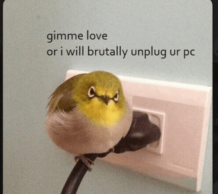 a bird is sitting on a power cord with the words gimme love or i will brutally unplug ur pc written below it