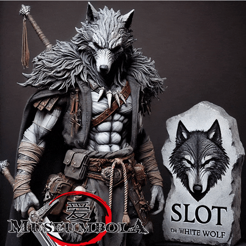 a statue of a white wolf stands next to a slot of white wolf