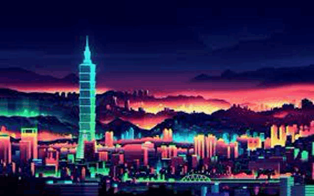 a pixel art of a city skyline at night with a bridge in the foreground and mountains in the background .