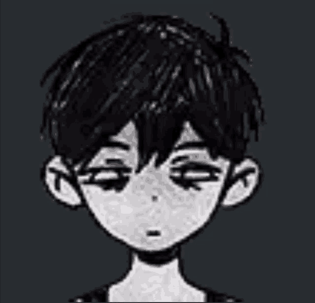 a black and white drawing of a boy 's face with a sad look on his face .