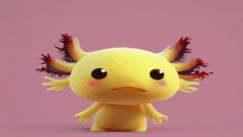 a cartoon axolotl is standing on a pink background .