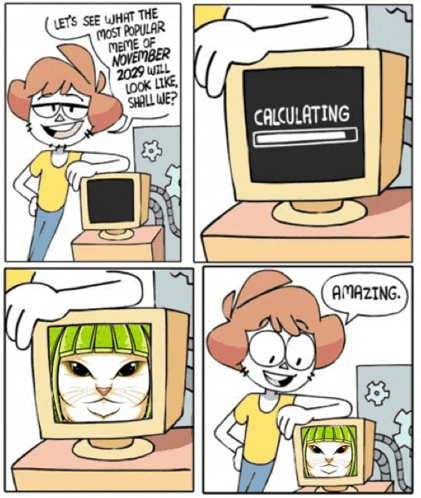 a cartoon of a woman standing next to a computer that says calculating on the screen