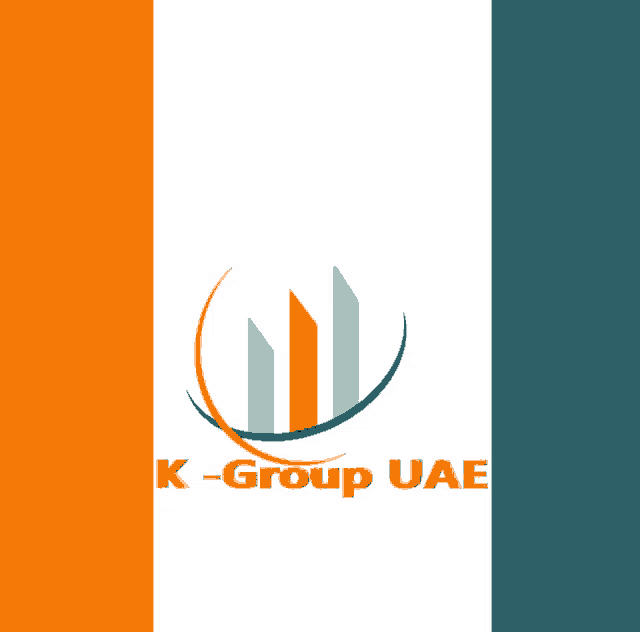 a logo for a company called k-group uae with a blue and orange background