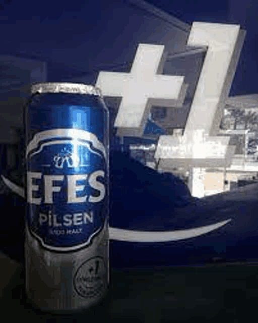 a can of efes pilsen beer is sitting in front of a large building .