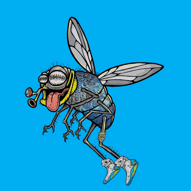 a cartoon fly with a tongue out and a pair of sneakers on its feet