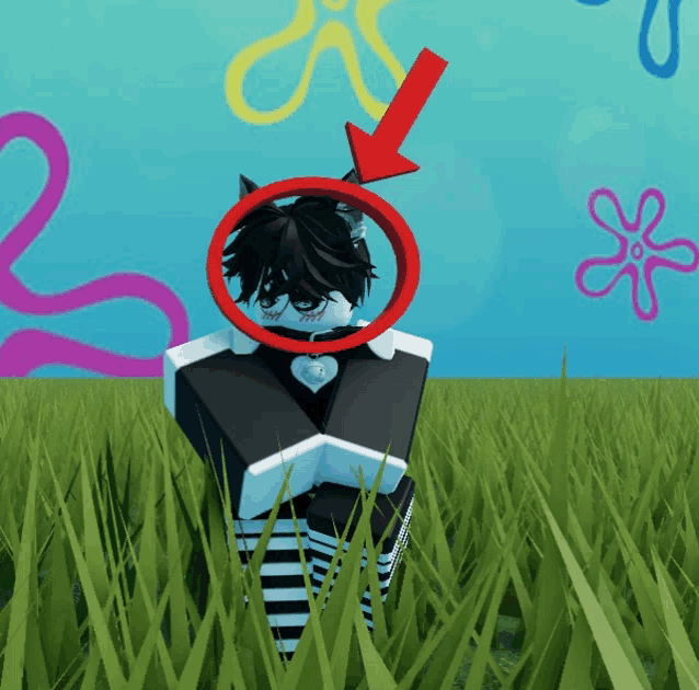 a cartoon character is standing in the grass with a red circle around his head