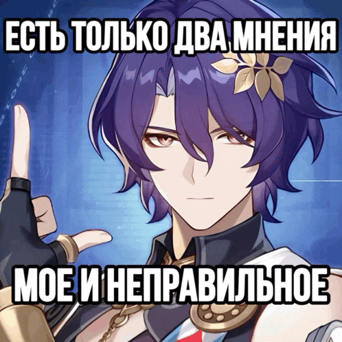 a cartoon character with purple hair has a flower in his hair and says " есть только два мнения "