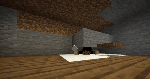 a screenshot of a minecraft game shows a room with a brick wall and a wooden floor