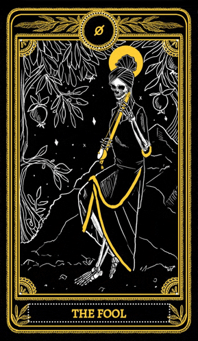 a black and gold tarot card with a skeleton playing a flute and the word fool at the bottom