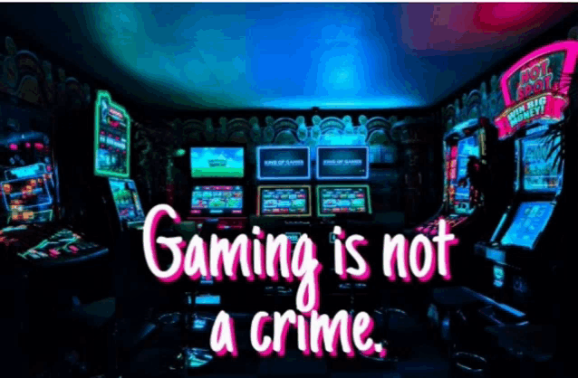 a video game room with the words gaming is not a crime written on it