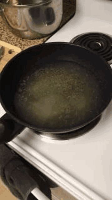 a frying pan filled with water is sitting on a stove .