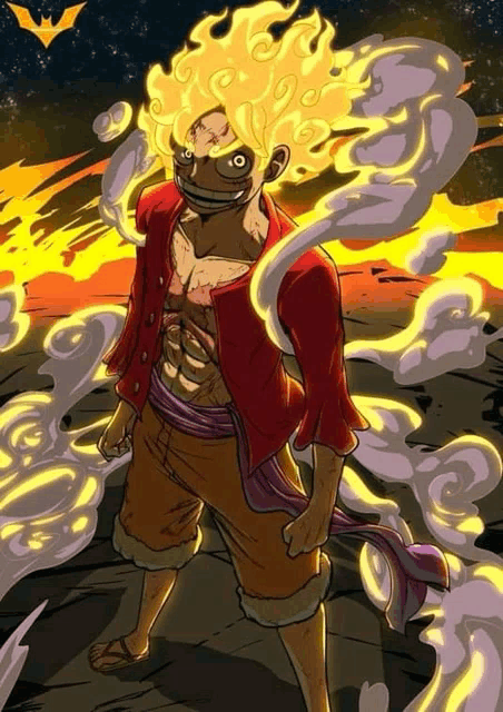 a drawing of monkey d luffy from one piece with flames coming out of his head