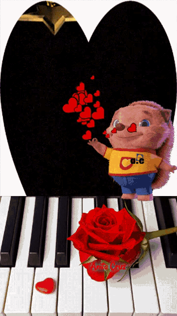 a teddy bear with the letter c on his shirt is standing on a piano