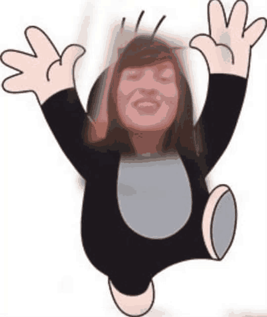 a cartoon drawing of a woman in a mole costume with her arms in the air .