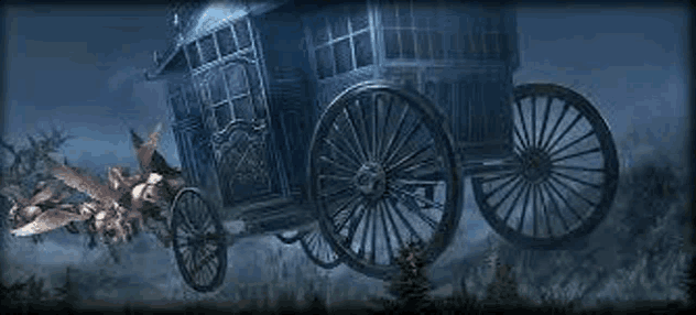 a horse drawn carriage is being pulled by a flock of bats in the dark .