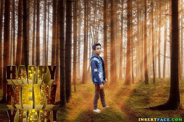 a boy is standing in the middle of a forest with the words happy new year written on the bottom .