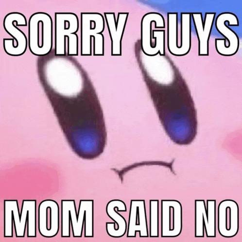 sorry guys mom said no is written on a picture of a sad kirby