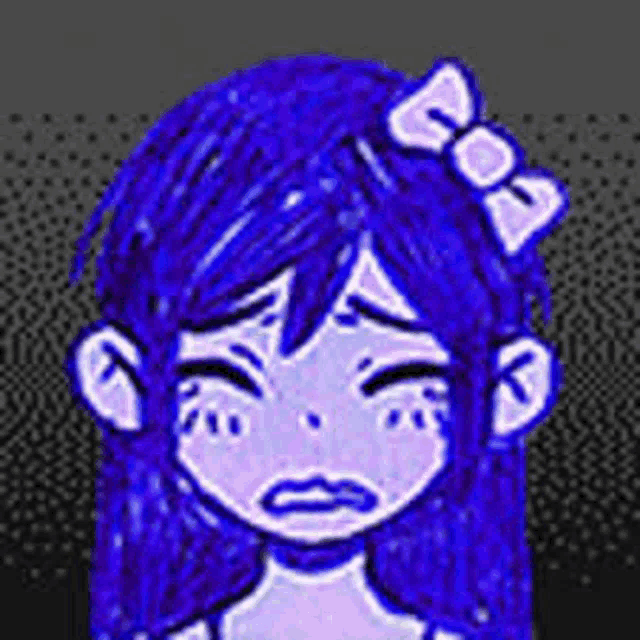 a girl with blue hair and a bow on her head is crying .