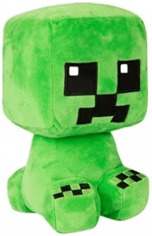 a stuffed creeper from minecraft is sitting on a white surface .