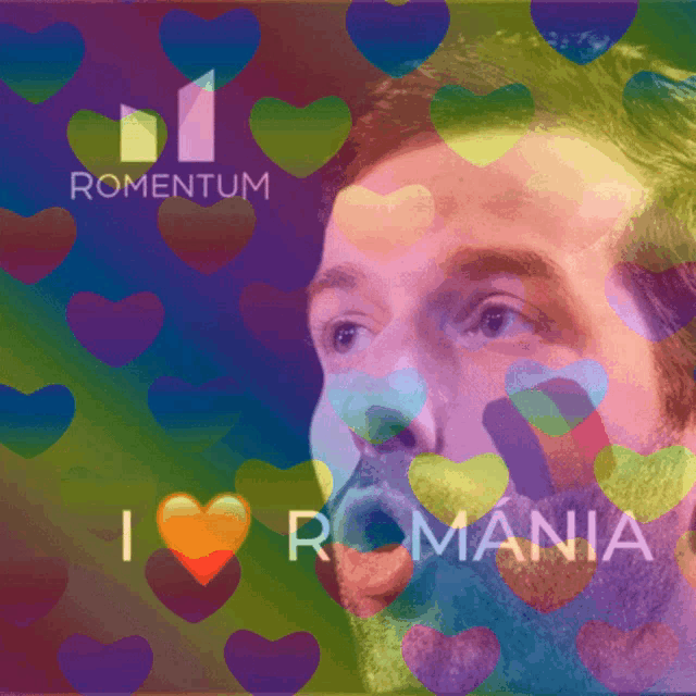 a man 's face is surrounded by hearts and the words " i love romania "