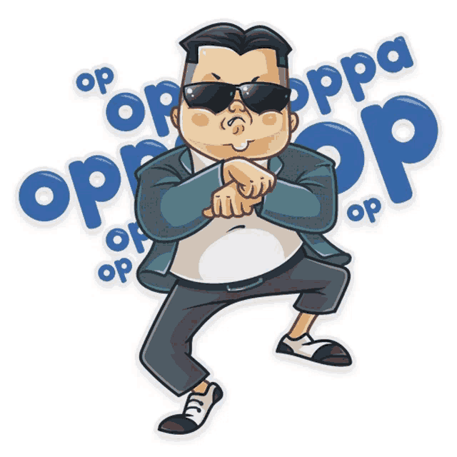 a cartoon of a man wearing sunglasses with the word oppa on the background