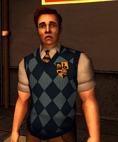 a man wearing a sweater vest with a crest on the front